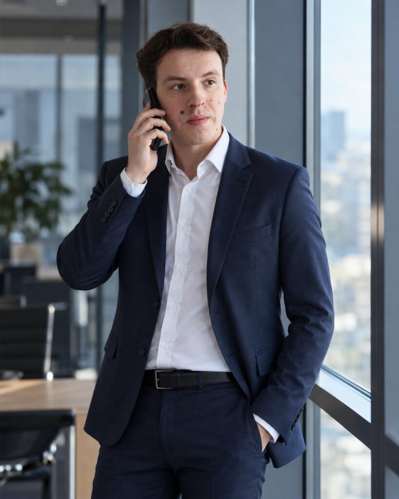 Karol Wieczorek rozmawia przez telefon, stojąc przy dużym oknie biura