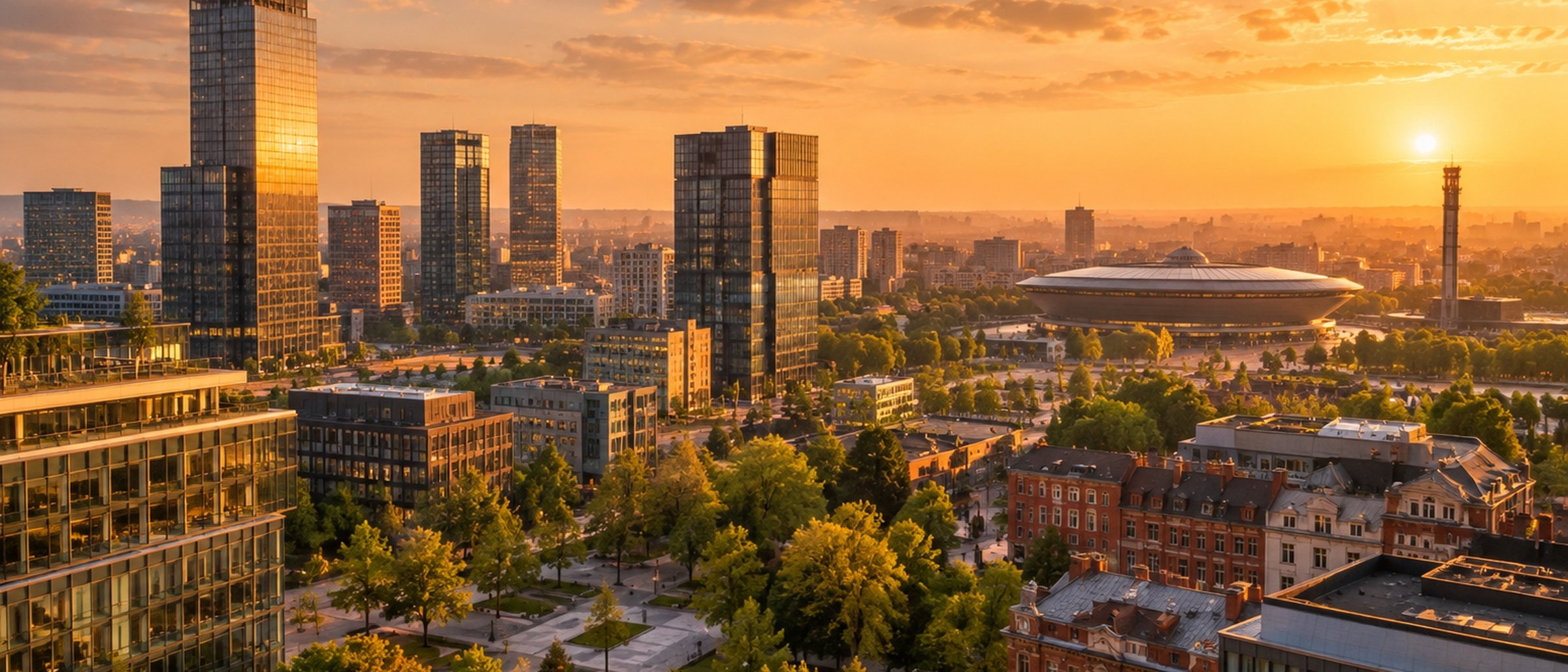 Panorama Katowic o zachodzie słońca: wieżowce w centrum i zielone tereny miasta